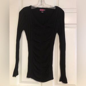 Black sweater, ruched front.